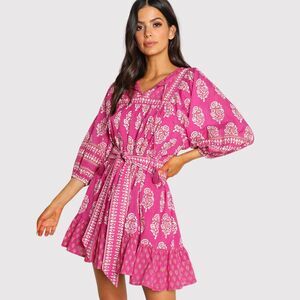 Cleobella Mini Dress Pink Magdalena Mix Block Print V Neck Waist Tie Boho Small